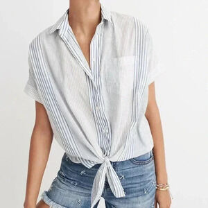 Madewell Short Sleeve Tie Front Shirt Blue White Rawley Stripe Button Up Medium